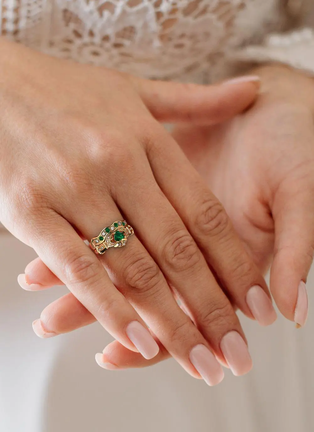 14ct Gold Diamond & Emerald Stackable Claddagh Engagement Ring